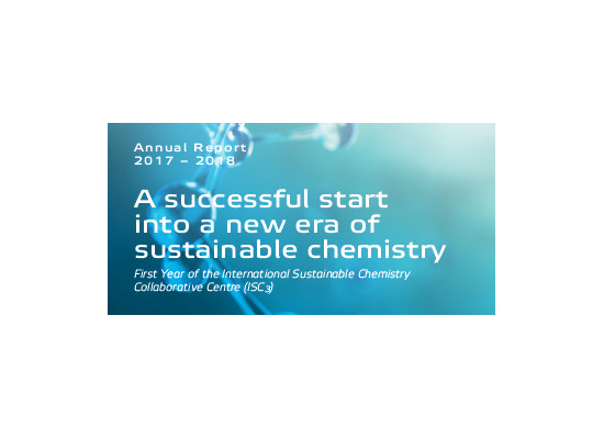 "A successful start into a new era of sustainable chemistry" on a blue background.
