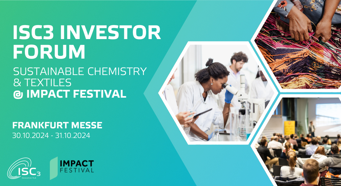 A visualisation showing people and various symbols representing sustainability and innovation in textile sector on a blue-green background.